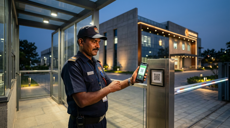 A security guard using a field force tracking app on a smartphone at an industrial site.
