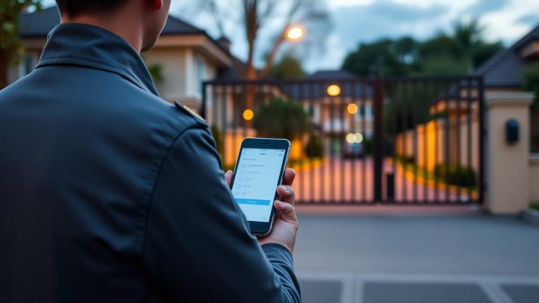 Security guard using a free guard patrol app on a smartphone at a society gate