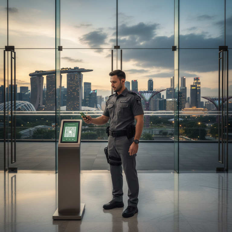 A security guard in uniform scanning a QR code checkpoint with a smartphone at a modern building entrance in Singapore, with a city skyline in the background at dusk.