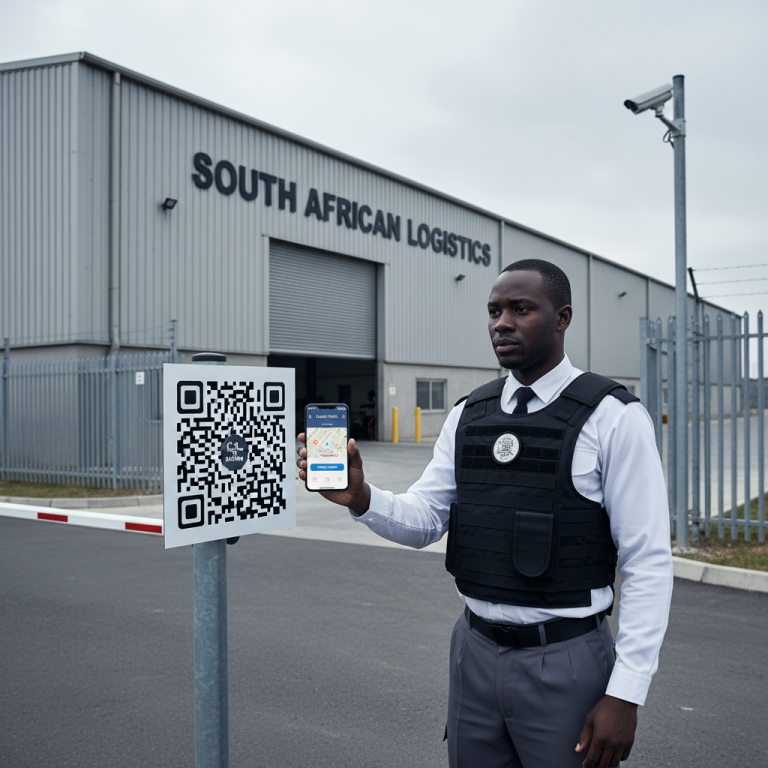 Security guard in uniform using a mobile guard patrol system app to scan a QR code checkpoint at a warehouse in South Africa, sunny day