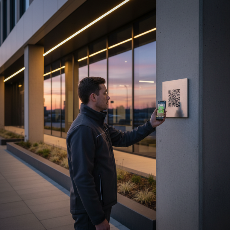Security guard in uniform using a mobile app on a patrol route in front of a modern UK commercial building at dusk, scanning a QR code checkpoint.