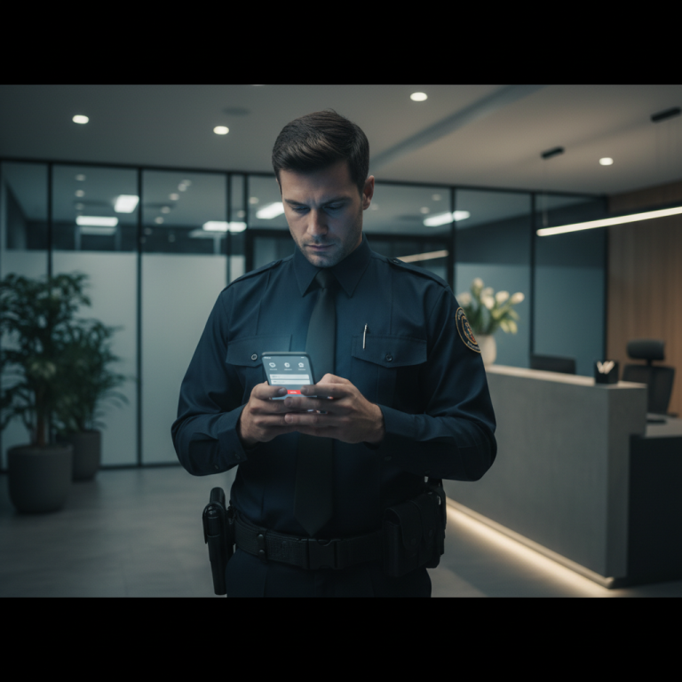 A security guard is using a smartphone app to file an incident report during a night patrol inside a modern office building.