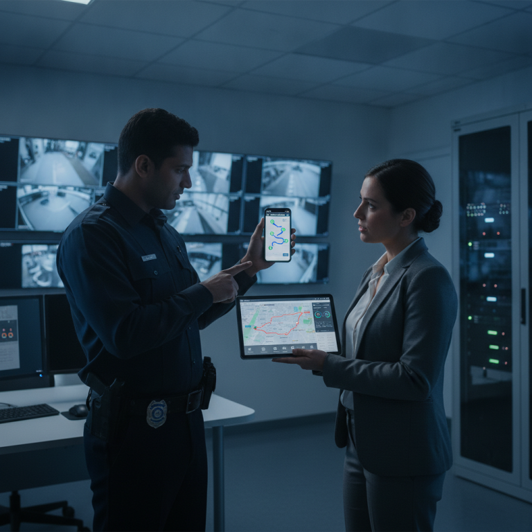 Security guard showing mobile app with patrol route to operations manager on a tablet, demonstrating an upgraded guard tour system with modern technology.
