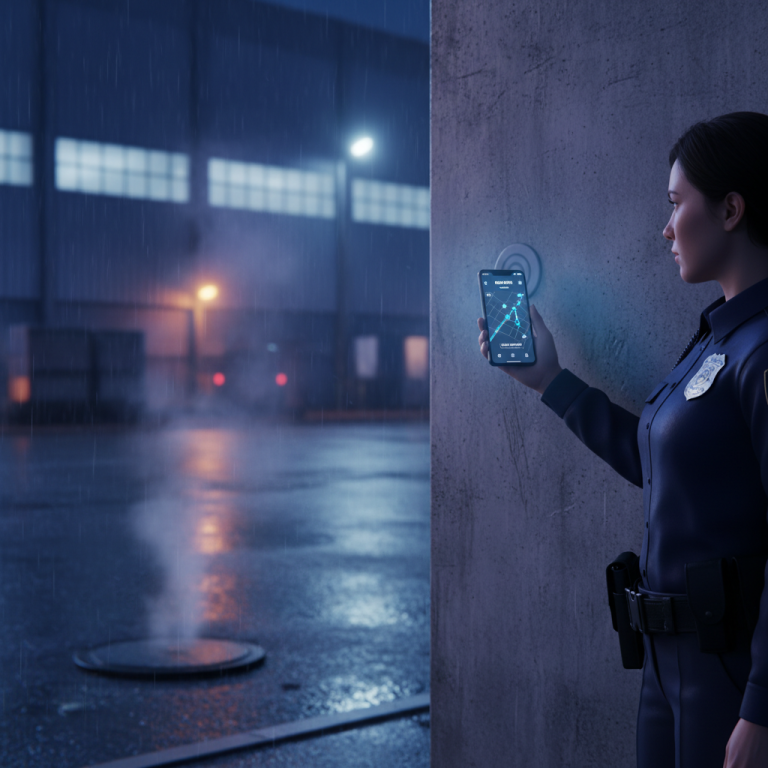 Security guard performing an NFC patrol, tapping a tag on a wall with a smartphone, showing accountability.