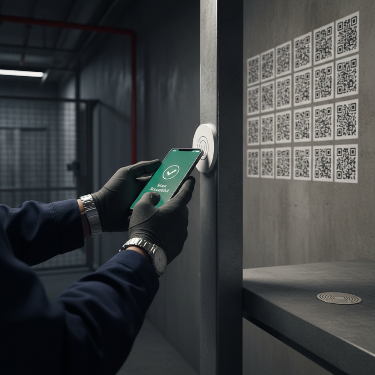 Close-up of a security guard's hand tapping an NFC tag at a checkpoint with a smartphone, showing a successful scan confirmation on the screen with QR codes and RFID tags blurred in the background, illustrating the different guard tour technologies in an industrial setting.