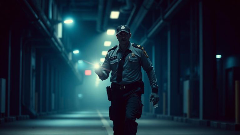 Security guard on night patrol in an industrial corridor with a flashlight