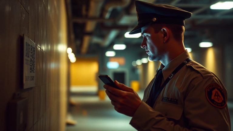 Security guard scanning a QR code checkpoint with a smartphone during a night patrol round